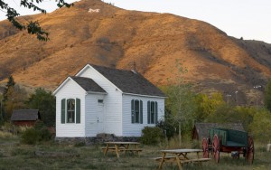 schoolhouse in foreground and Mount Zion in background