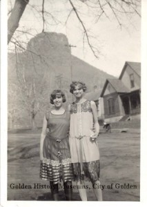 two women standing in front of Castle Rock