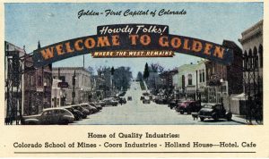 photo of 1949 postcard promoting the Golden Welcome Arch